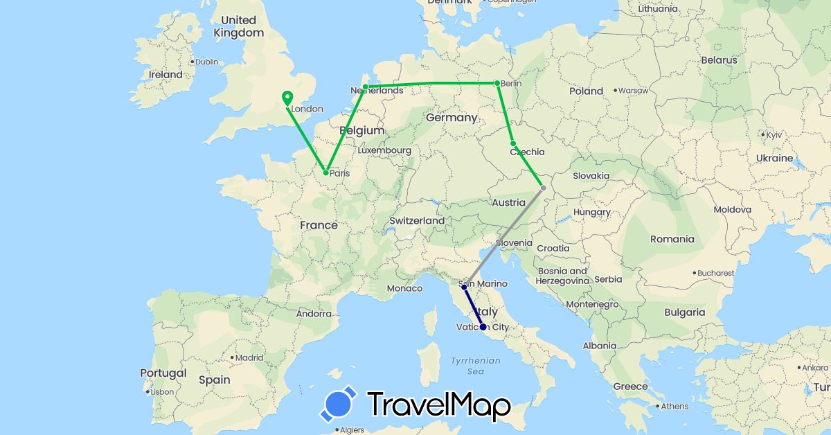 TravelMap itinerary: driving, bus, plane in Austria, Czech Republic, Germany, France, United Kingdom, Italy, Netherlands (Europe)